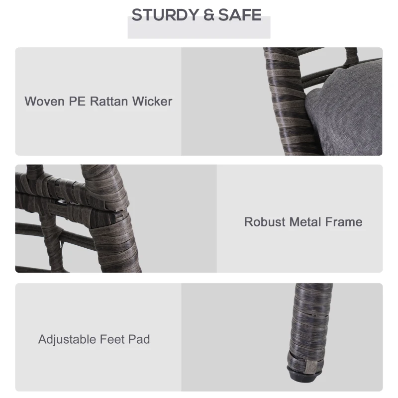 Outsunny Patio Wicker Egg Chair w/ Soft Cushion, Teardrop Cuddle Seat, Outdoor / Indoor Patio Chair, PE Plastic Rattan Furniture with Adjustable Height Feet Pads, Gray