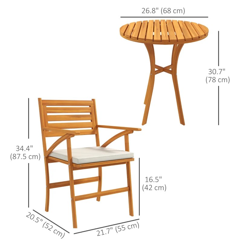 Outsunny 3 Piece Patio Set, Small Patio Table and Chairs, Wooden Outdoor Bistro Set w/ Cushions, Round Coffee Table, Brown