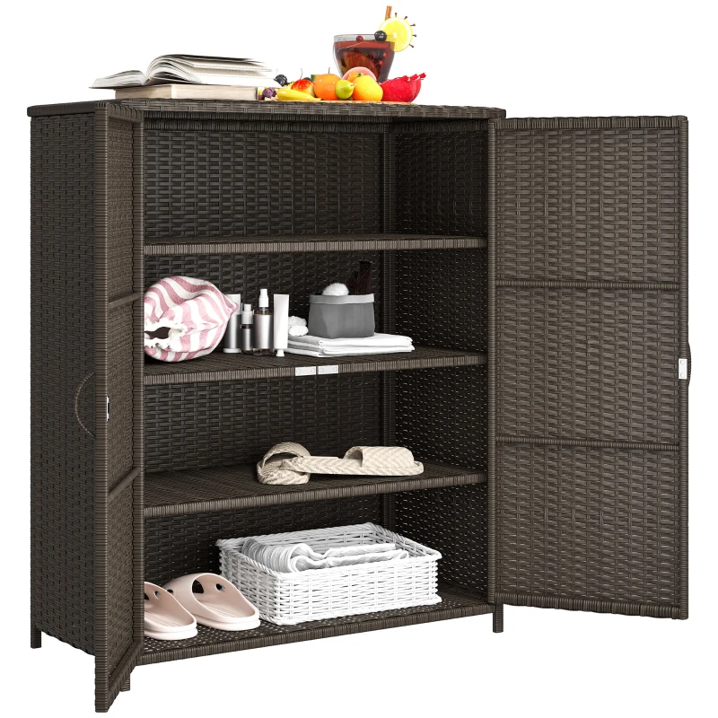 Outsunny Rattan Wicker Outdoor Storage Cabinet with 4 Shelves and 2 Doors for Garden Pool Towel Storage, Coffee