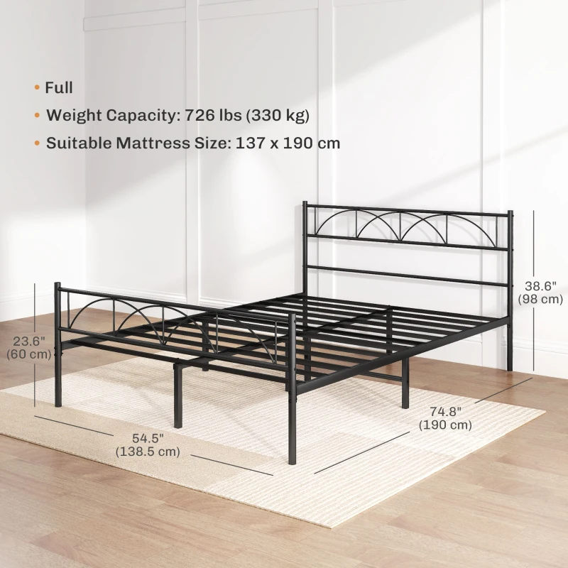 HOMCOM Metal Full Platform Bed Frame with Headboard, Steel Slat Support, Underbed Storage, No Box Spring Needed, Easy Assembly
