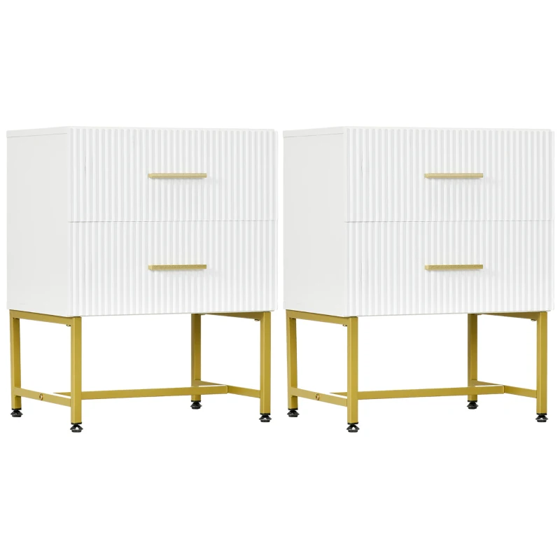 HOMCOM 2 Pieces Nightstands with Storage, Modern Bedside Tables with 2 Fluted Drawers and Gold Legs for Bedroom, White