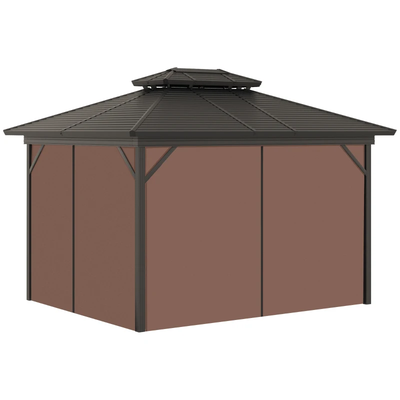 Outsunny 10' x 12' Hardtop Gazebo with Curtains and Netting, Permanent Pavilion Metal Double Roof Gazebo Canopy with Aluminum Frame and Hooks, for Garden, Patio, Backyard, Brown