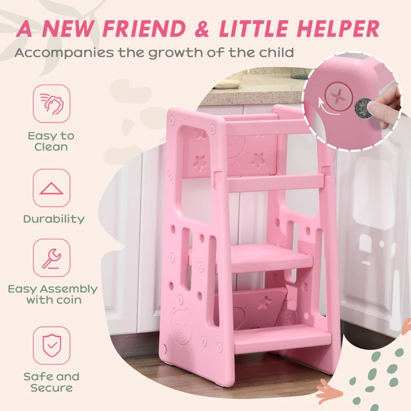 Qaba Toddler Tower with Adjustable Height, Anti-slip Mat, Toddler Step Stool, Pink