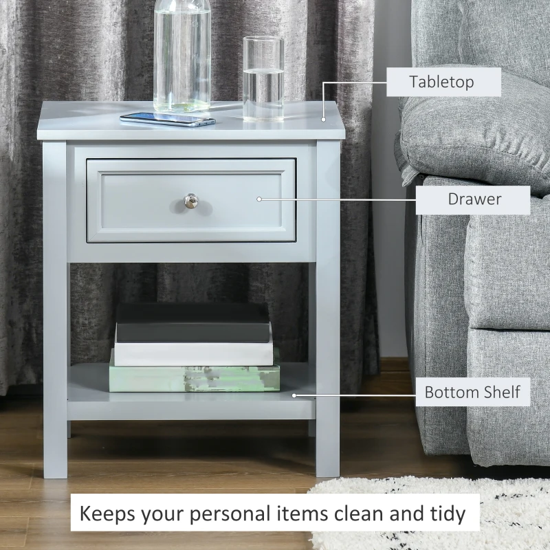 HOMCOM Accent End Table Nightstand with Grey Tabletop, Storage Drawer, and Bottom Shelf, Grey