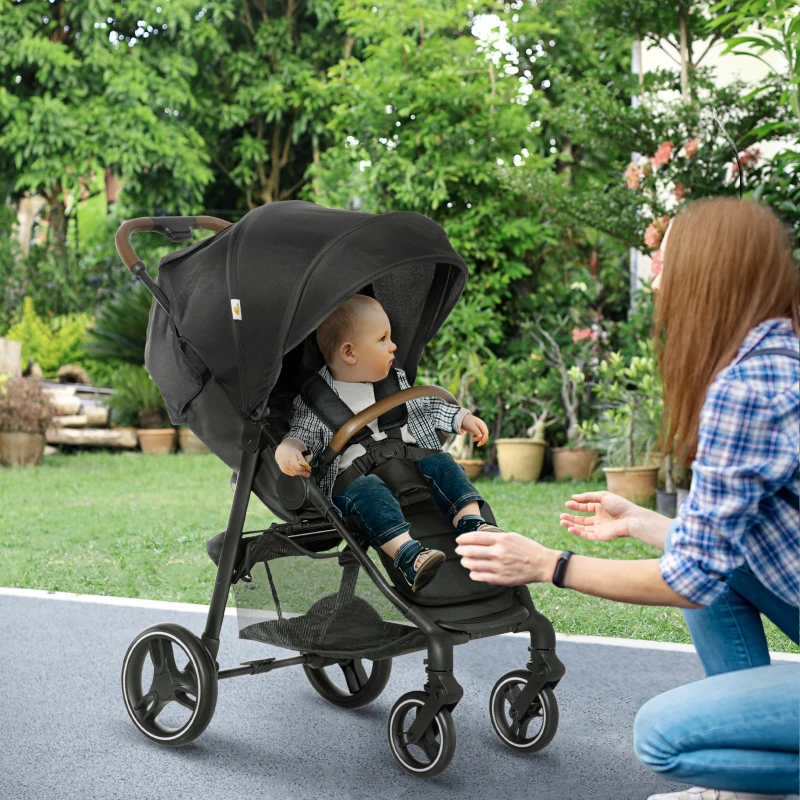 Qaba Lightweight Baby Stroller with One-Click Fold, Toddler Travel Stroller with Adjustable Backrest Footrest, Compact Stroller with All Wheel Suspension, Sun Canopy, Black