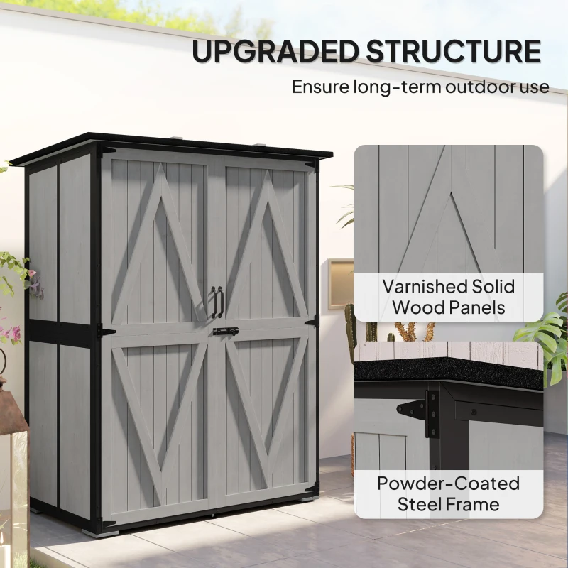 Outsunny Wood Storage Shed, Outdoor Garden Shed with Asphalt Roof, 2 Shelves, Lockable Doors and Adjustable Feet, Gray