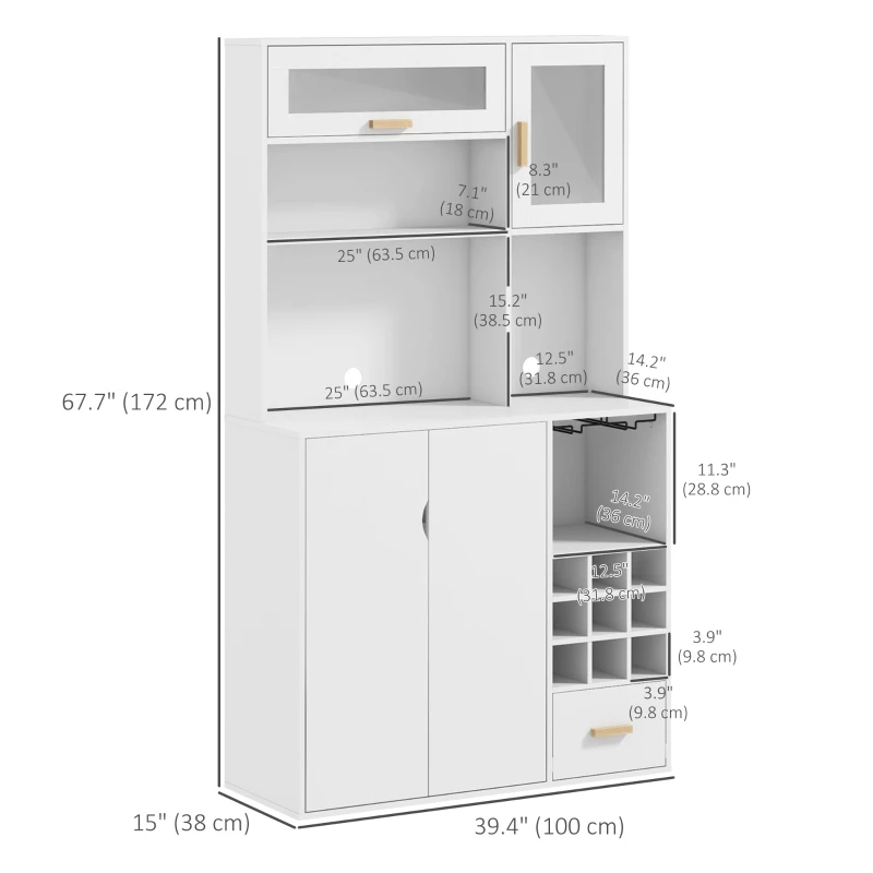 HOMCOM Coffee Bar Cabinet, Kitchen Hutch with Wine Storage, Microwave Countertop, Drawer and Tempered Glass Doors, White