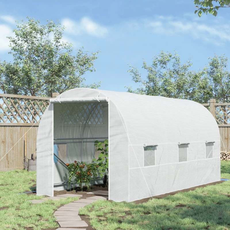 Outsunny 15' x 7' x 7' Walk-In Tunnel Greenhouse, Large Garden Hot House Kit with 6 Roll-up Windows & Roll Up Door, Steel Frame, White