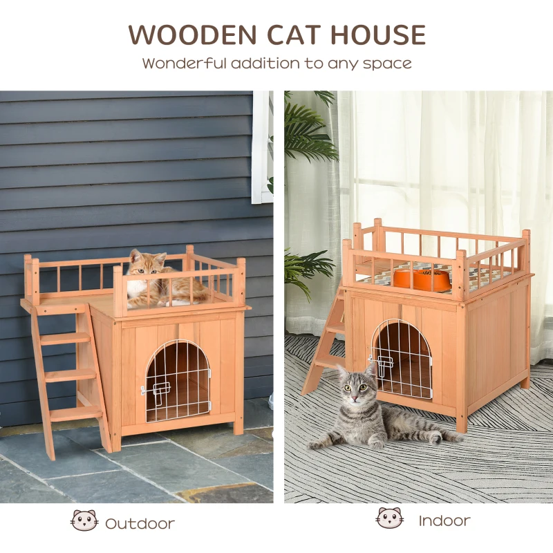 PawHut 2-Story Pet House for Cats Miniature Sized Dogs, Wooden Kitten Shelter with Enclosure, Balcony, Lockable Gate, Stairs, Natural