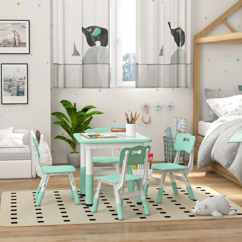 Qaba Height Adjustable 5pc Toddler Table and Chair Set with Storage Box, Easy to Wipe for 18 Months - 5 Years, Green