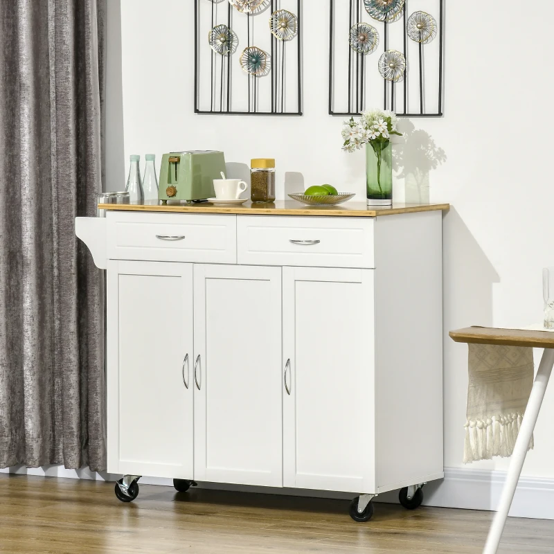 HOMCOM Rolling Kitchen Island Cart on Wheels with Large Bamboo Countertop, 2 Cabinets with Drawers, Adjustable Shelves, White