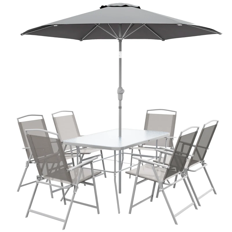 Outsunny 8 Piece Patio Dining Set with Table Umbrella, 6 Folding Chairs and Rectangle Dining Table, Grey