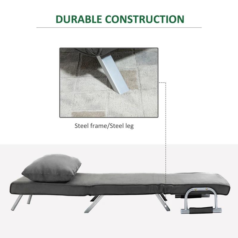 HOMCOM Single Person Folding 5 Position Convertible Sofa Bed Sleeper Chair Chaise Lounge Couch w/Pillow & Steel Frame, Dark Grey