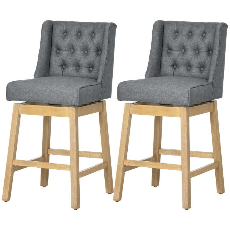 HOMCOM Bar Height Bar Stools Set of 2, 180 Degree Swivel Barstools with Solid Wood Footrests and Button Tufted Design, 30" Seat Height Bar Chairs for Kitchen Island, Gray
