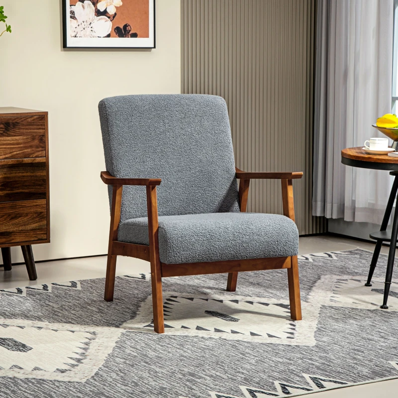 HOMCOM Living Room Chair Boucle Accent Chair for Bedroom with Wide Seat and Thick Padding, Grey