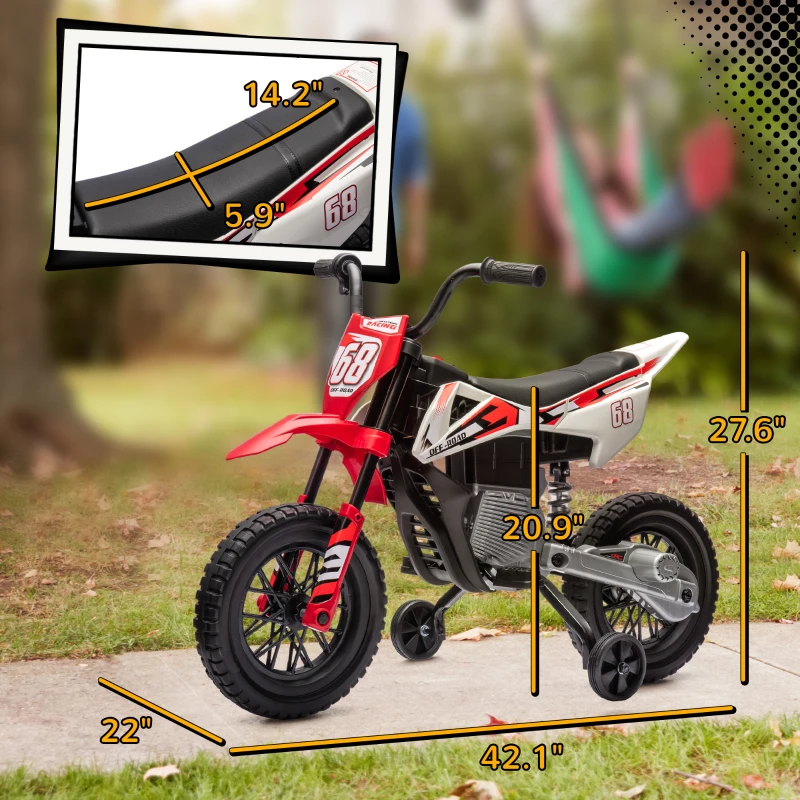 Qaba 12V Kids Electric Motorcycle w/ Twist Grip Throttle, Training Wheels, Rear Suspension & Music, Red