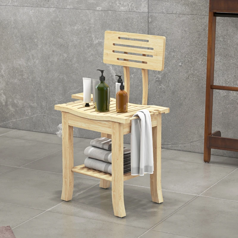 HOMCOM Bathroom Bench with Back, Bamboo Shower Bench with Towel Rack, Shower Head Holder and Soap Dish, Natural Wood