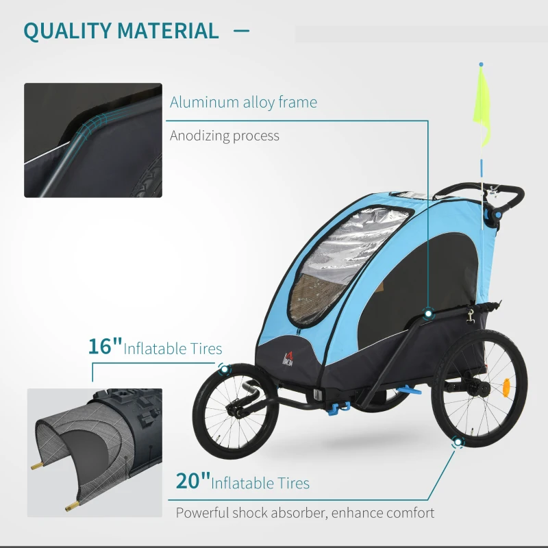 Aosom Child Bike Trailer 3 In1 Foldable Jogger 2-Seater Pushcar Transport Buggy Carrier with Shock Absorber System Rubber Tires Adjustable Handlebar Kid Bicycle Trailer Blue