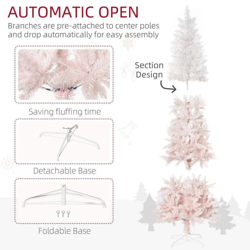 HOMCOM 5ft Pencil Artificial Christmas Tree with Pine Realistic Branches, Auto Open, Pink and White