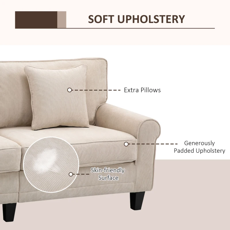 HOMCOM Modern 3 Seater Sofa, Corduroy Fabric 3 Seater Couch with Pine Wood Legs and Rolled Armrests for Living Room, Beige
