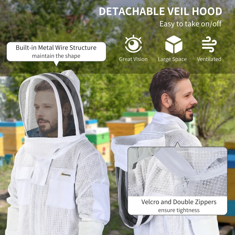 Outsunny Bee Suit for Men & Women, Beekeeping Jacket with Gloves & Ventilated Veil Hood, Multi-Size Protective Outfit, XXXL, Cream White