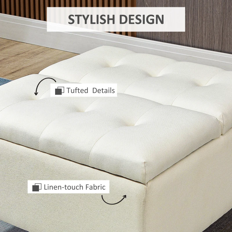 HOMCOM 30" Square Storage Ottoman, Upholstered Ottoman Coffee Table with Lift Top, Button Tufted and Wood Legs, Accent Footstool for Living Room, Cream White