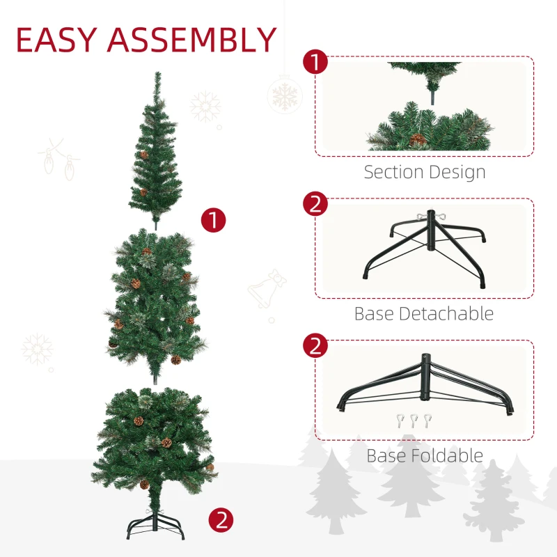 HOMCOM 6.5ft Pencil Christmas Tree, Artificial Christmas with Pine Needles, Realistic Branches, Pine Cones, Metal Base, Green