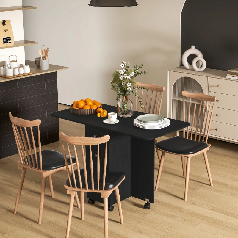 HOMCOM Drop Leaf Dining Table, Mobile Folding Table on Wheels with Drawers and Cabinet for Dining Room, Kitchen, Black