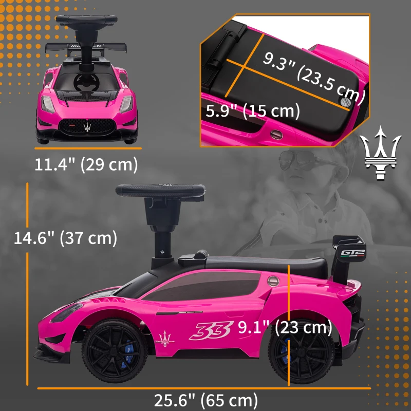 Qaba Licensed Maserati GT2 Baby Sliding Car with Storage, Music, Horn, Foot to Floor Toddler Car for 18-60 Months, Pink