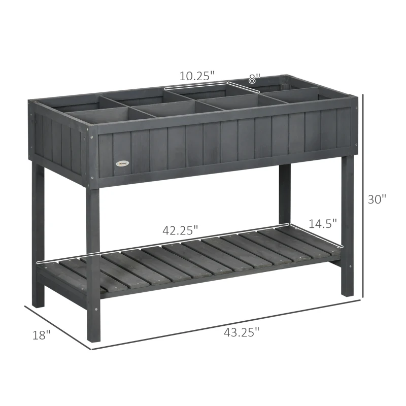 Outsunny Wooden Raised Garden Bed, Elevated Planter Box Stand with 8 Slots and Open Shelf, Dark Gray
