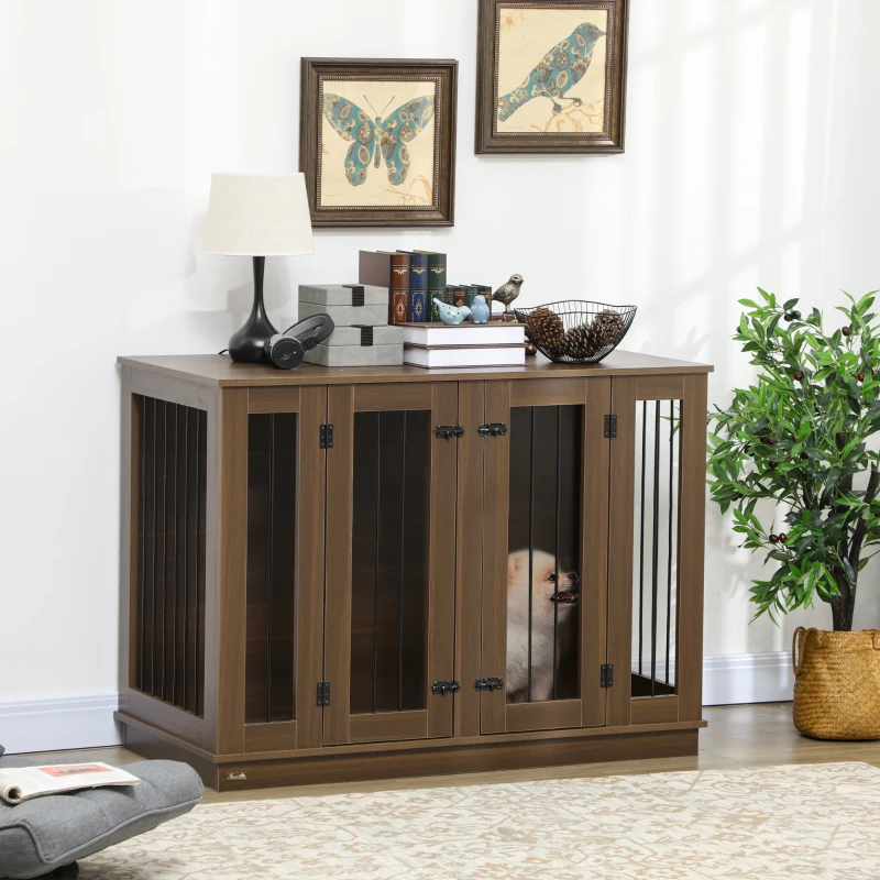 PawHut Furniture Style Dog Crate with Removable Divider, Dog Crate Side End Table Indoor with Double Doors, for Small to Large Dogs, 47" x 23.5" x 35", Walnut