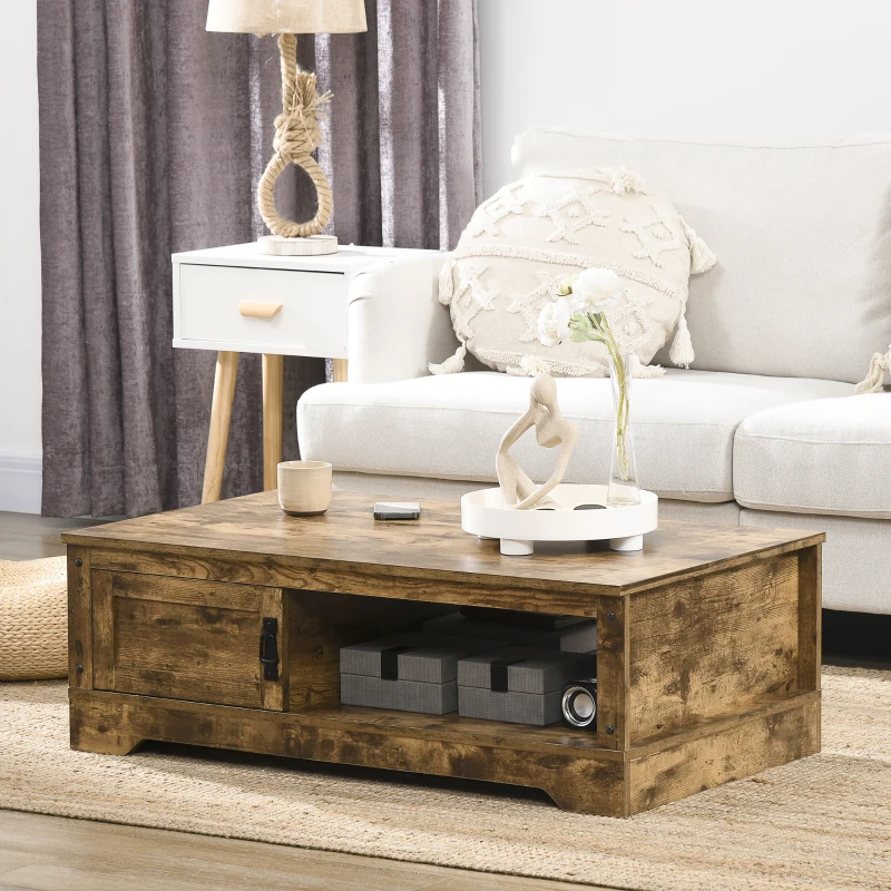 HOMCOM Rustic Coffee Table with Storage, Vintage Coffee Table for Living Room Furniture, Cocktail Table with Cabinet, Open Storage Compartments, Brown