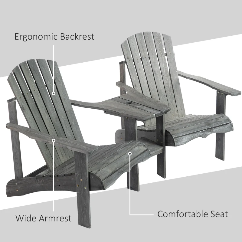 Outsunny Double Wooden Adirondack Chair Muskoka Chair with Middle Table, Outdoor Patio Porch Tete-A-Tete Bench Two Seater w/ Umbrella Hole, Grey
