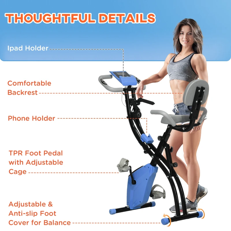 Soozier 3 in 1 Folding Exercise Bike, Foldable Stationary Bike with 8-Level Magnetic Resistance, Adjustable Seat, Blue