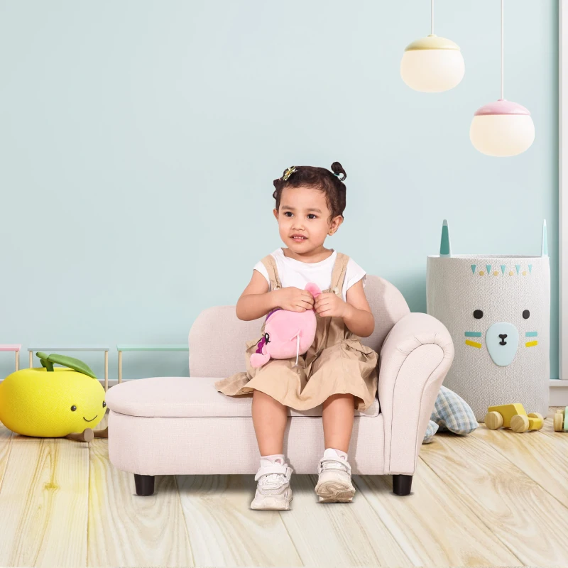 Qaba Kids Sofa, Toddler Couch with Storage Compartment, Children Chaise Lounge, Armrest Chair for Preschool for Kids Room, Kindergarten, Eucalyptus Wood, Beige