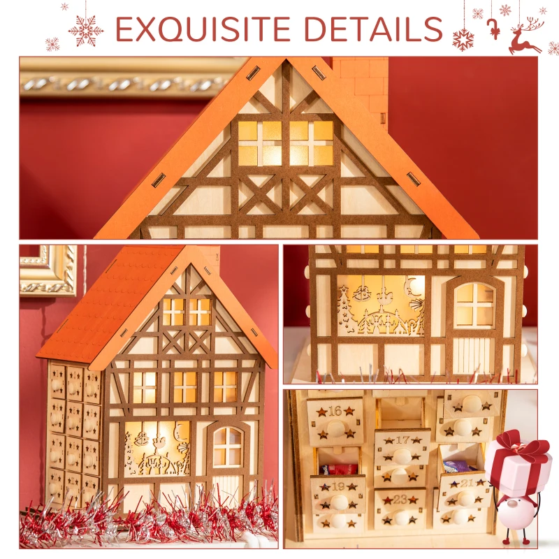 HOMCOM Wooden Christmas Advent Calendar House, Light Up Table Holiday Decoration with 24 Countdown Drawers and LED Lights, for Kids and Adults, Natural and Orange