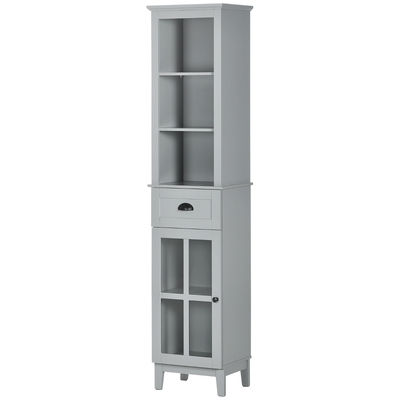 kleankin Slim Bathroom Storage Cabinet Door & Shelves Linen Tower, Gray