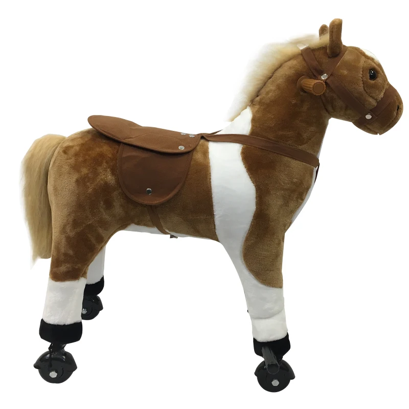 Qaba Kids Plush Ride On Toy Walking Horse with Wheels and Realistic Sounds, 30"H, Brown