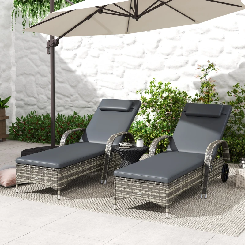 Outsunny 2 Reclining Chaise Lounge Chairs, Rolling Outdoor Chairs with Cushion, Pillow, Headrest, Armrests, and Wheels, Gray