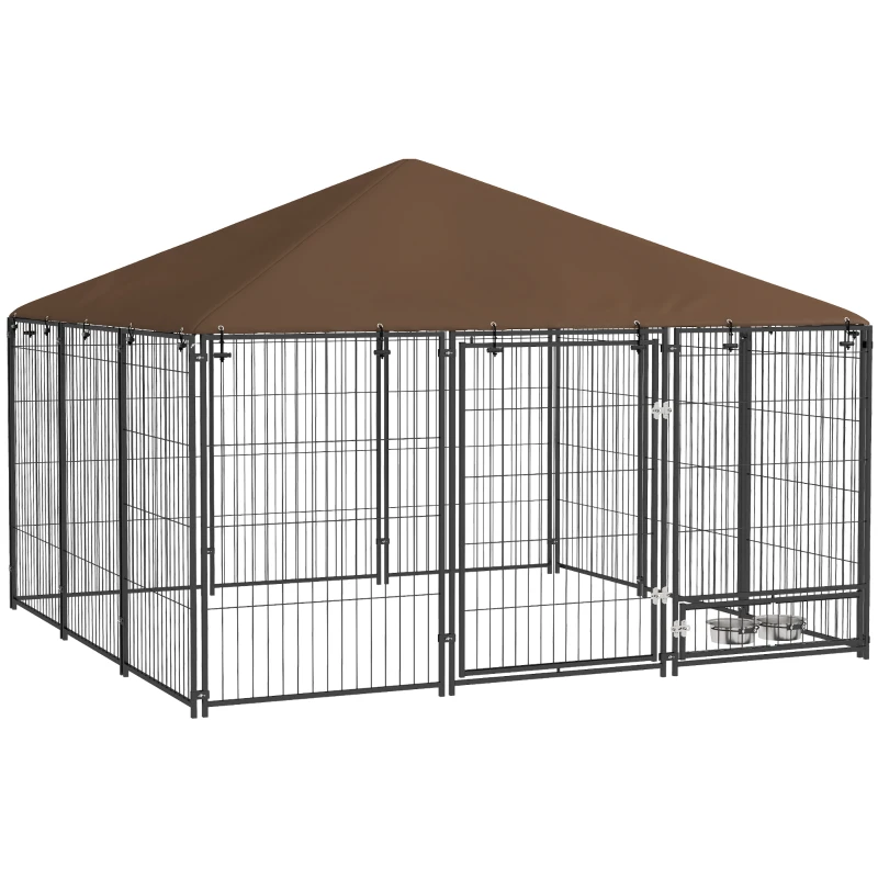 PawHut 6.9' x 6.9' x 5' Outdoor Dog Kennel with Canopy, Rotating Bowls, Coffee