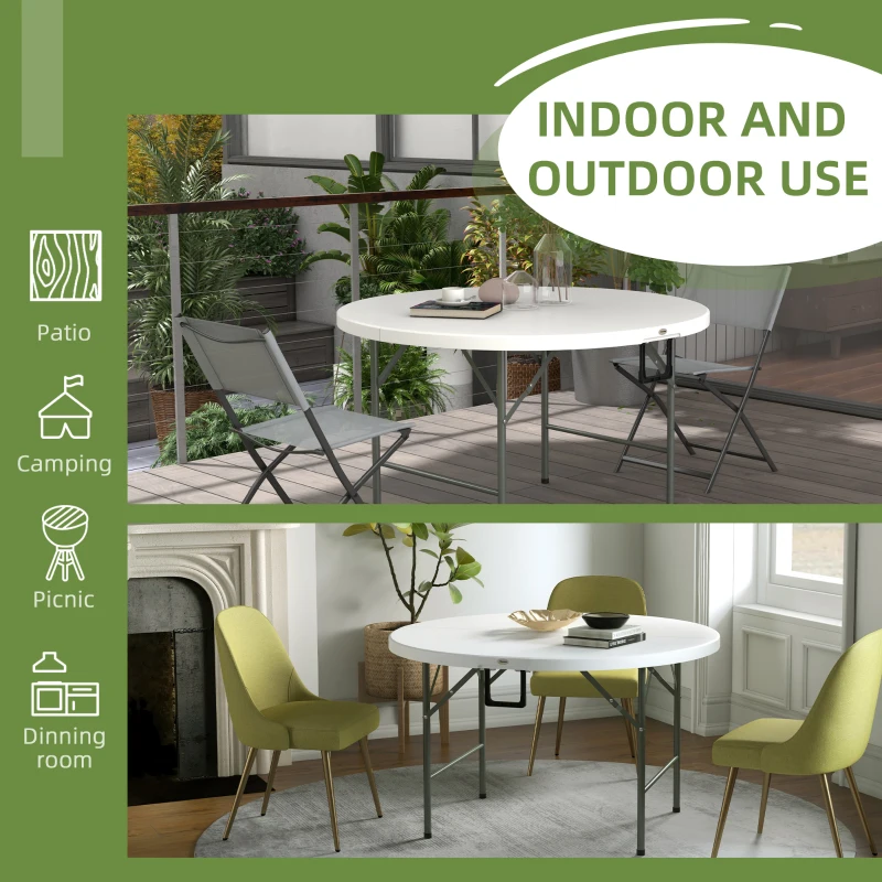 Outsunny Φ48" Folding Patio Table, Outdoor HDPE Picnic Table, Card Table for 6, Round Folding Banquet with Metal Frame, White