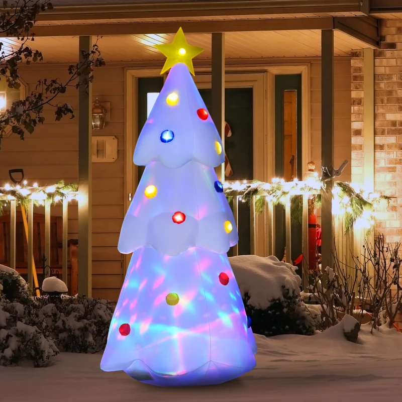 HOMCOM 8 FT Tall Lighted Inflatable Christmas Tree with Star and Multicolor Decorations Blow up Decor Home Indoors with 9 Built-in LED Lights Outdoor Toys in Yard Lawn Garden White