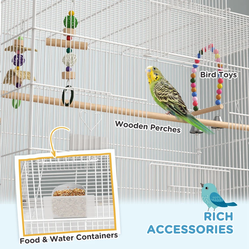 PawHut 52" Bird Cage with Rolling Stand, Toys, for Budgies Canaries White
