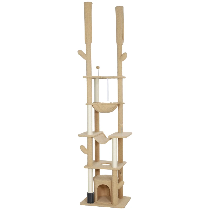 PawHut 89"-100" Floor to Ceiling Cat Tree Cat Tower for Large Cats w/ Scratching Posts, Grooming Brush Post, Cat Condo, Brown