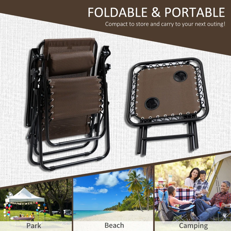 Outsunny Zero Gravity Chair Set of 2 Patio Chair with Side Table Cupholders and Pillows for Pool, Backyard, Lawn, Beach, Brown