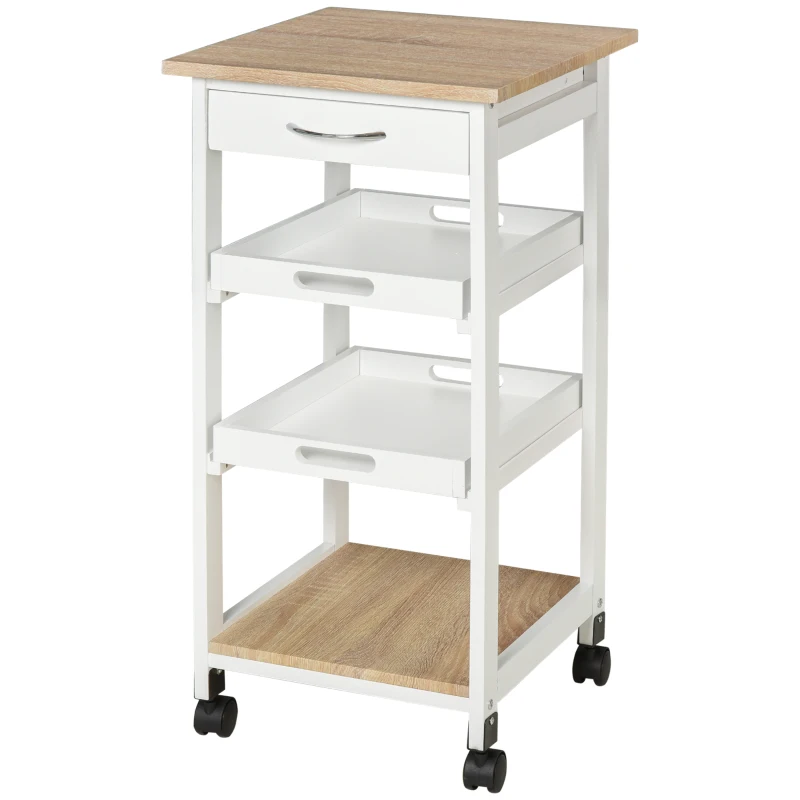 HOMCOM Bar Cart, 4-Tier Kitchen Cart with Removable Serving Tray, Kitchen Shelves on Wheels with Drawer for Dining Room, Living Room, White