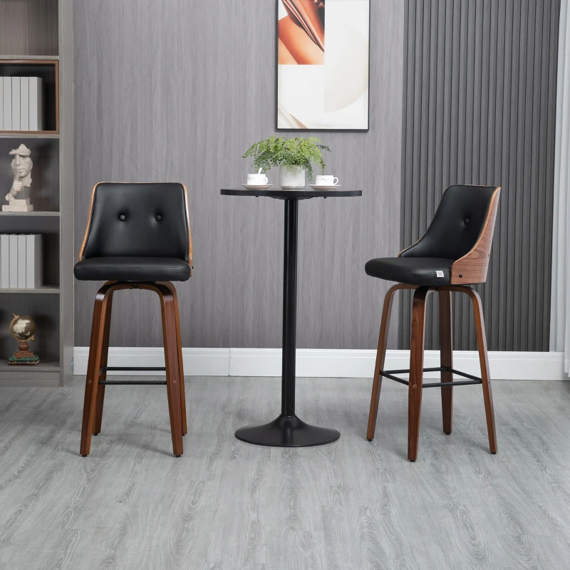HOMCOM Bar Height Bar Stools Set of 2 PU Leather Upholstered Swivel Barstools with Solid Wood Legs Footrest and Tufted Back, Black