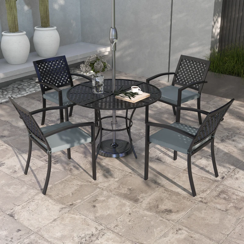 Outsunny 5-Piece Outdoor Dining Set with 4 Stackable Cushioned Armchairs, Patio Furniture Sets with Umbrella Hole Metal Plate Table, for Garden Deck Poolside Lawn Yard, Grey