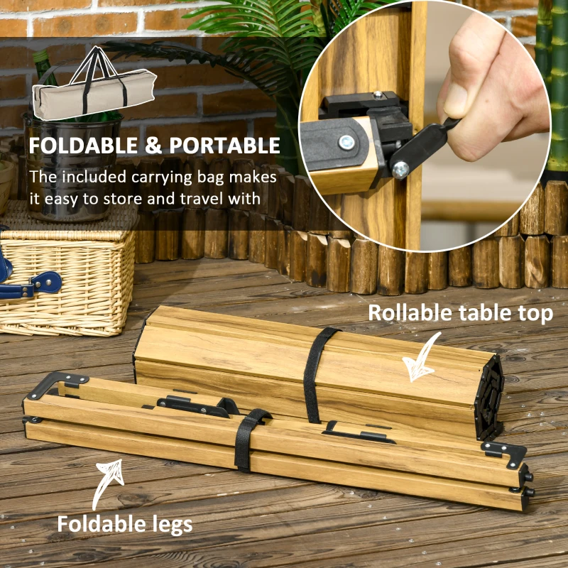 Outsunny 3ft Low Height Folding Camping Table, Roll-Up Aluminum Picnic Table with Carry Bag, Waterproof & Woodgrain Finish, Portable Table for Travel, BBQ, Beach, or Hiking