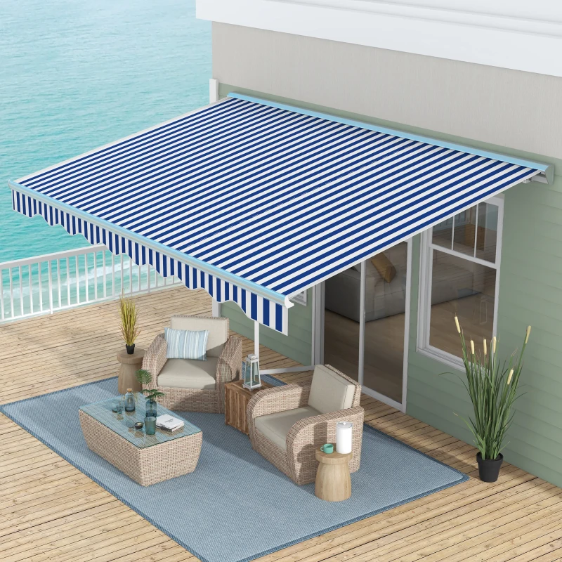 Outsunny 16.5' x 10' Electric Awning, Retractable Awning with LED Lights and Remote Controller for Door and Window, Blue/White